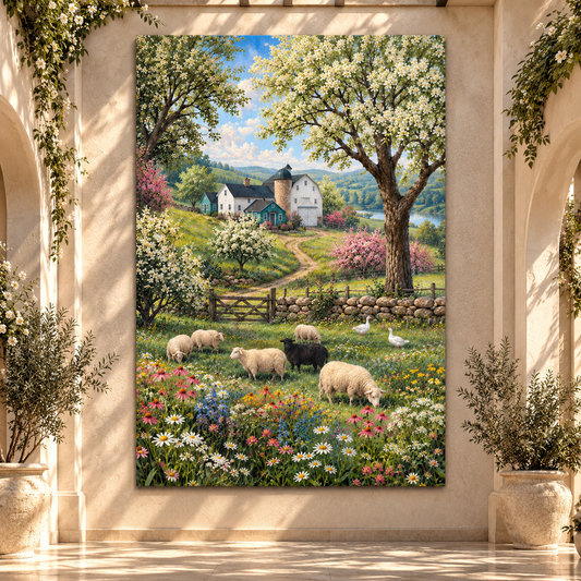 Spring Farm with Sheep & Wildflowers Wrapped Canvas Wall Art – Country Barn Meadow Landscape - ART OF ROYALS