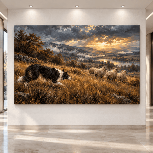 Border Collie Herding Sheep at Golden Sunset Wrapped Canvas Wall Art – Mountain Pasture Landscape - ART OF ROYALS