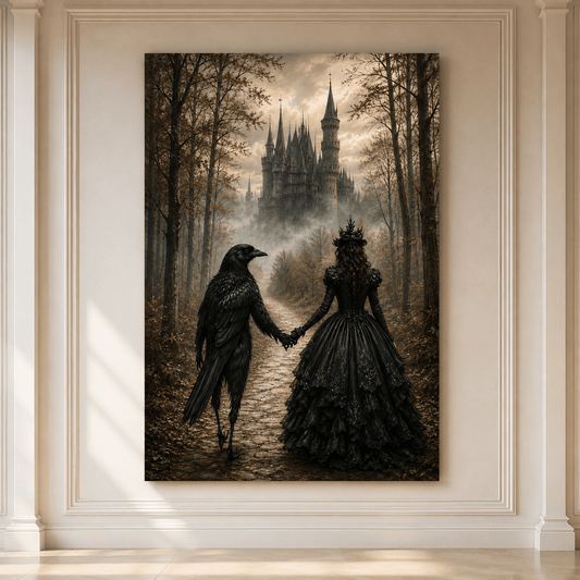 Raven and Gothic Woman Wrapped Canvas Wall Art – Dark Fantasy Castle Forest Print - ART OF ROYALS
