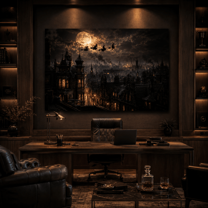 Witches Flying Over Gothic City Under Full Moon Wrapped Canvas Wall Art – Dark Halloween Fantasy Print - ART OF ROYALS