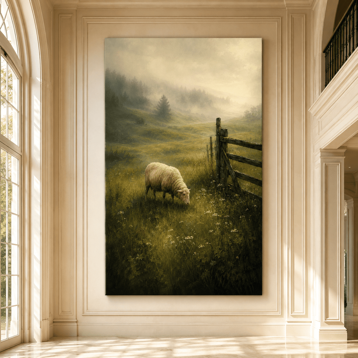 Sheep Grazing in Misty Meadow Wrapped Canvas Wall Art – Rustic Farmhouse Countryside Landscape Print - ART OF ROYALS