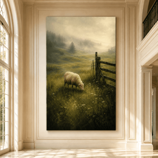 Sheep Grazing in Misty Meadow Wrapped Canvas Wall Art – Rustic Farmhouse Countryside Landscape Print - ART OF ROYALS
