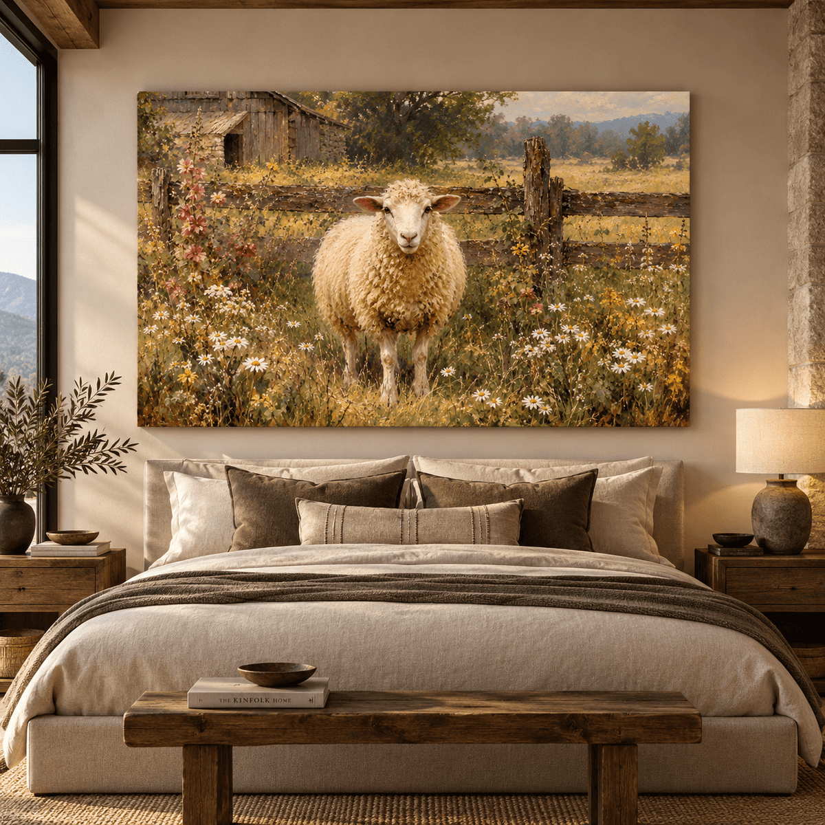 Sheep in Wildflower Meadow Wrapped Canvas Wall Art – Rustic Farmhouse Barn Landscape Painting - ART OF ROYALS