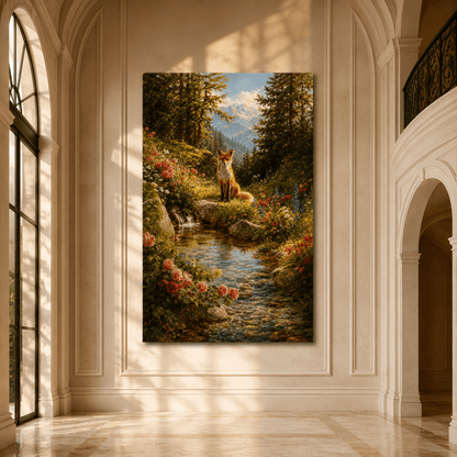 Red Fox by Mountain Stream Wrapped Canvas Wall Art – Wildflower Forest Wildlife Landscape Print - ART OF ROYALS