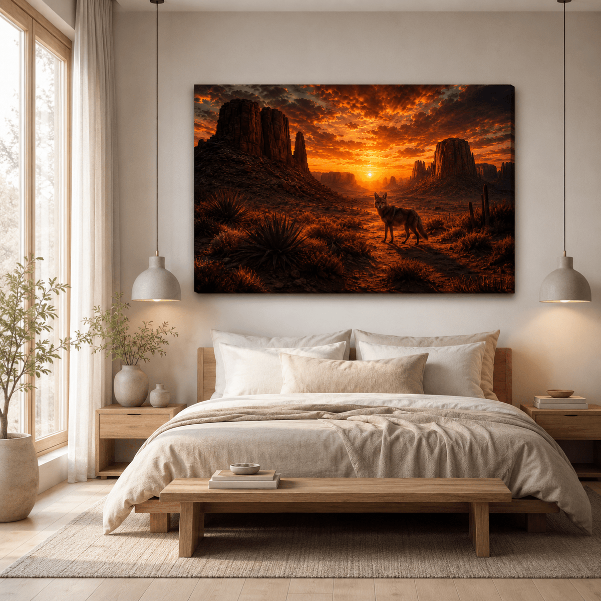 Coyote at Desert Sunset Wrapped Canvas Wall Art – Western Canyon Wildlife Landscape Print - ART OF ROYALS