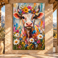 Colorful Floral Cow Wrapped Canvas Wall Art – Whimsical Farmhouse Cow Portrait with Wildflowers