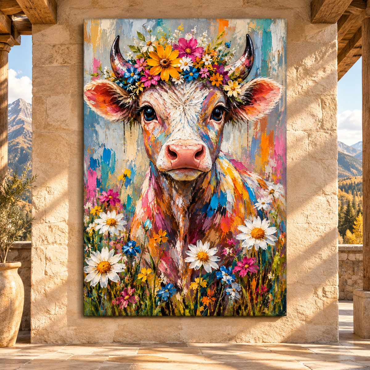Colorful Floral Cow Wrapped Canvas Wall Art – Whimsical Farmhouse Cow Portrait with Wildflowers - ART OF ROYALS