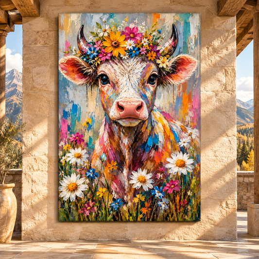 Colorful Floral Cow Wrapped Canvas Wall Art – Whimsical Farmhouse Cow Portrait with Wildflowers - ART OF ROYALS