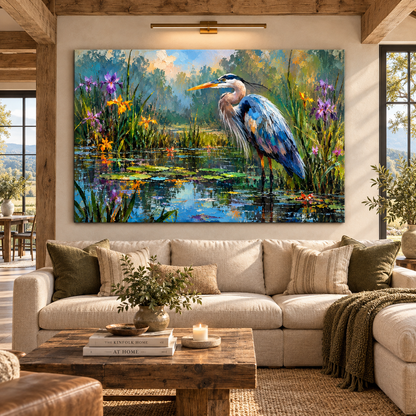 Great Blue Heron in Wildflower Marsh Wrapped Canvas Wall Art – Painterly Wetland Bird Landscape Print
