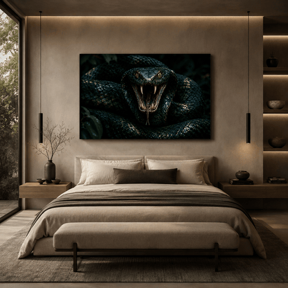 Fanged Black Snake Wrapped Canvas Wall Art – Dark Reptile Predator Portrait Print - ART OF ROYALS