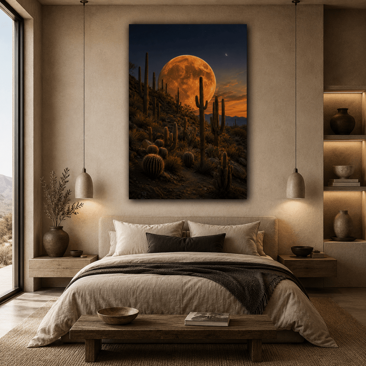 Giant Full Moon Over Desert Cactus Wrapped Canvas Wall Art – Southwest Night Landscape Print - ART OF ROYALS