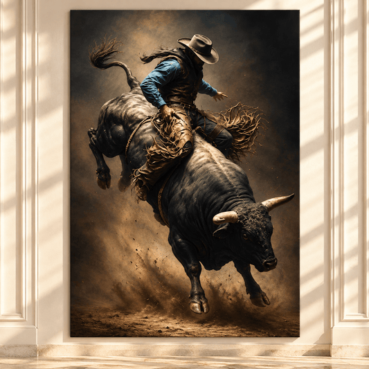 Bull Riding Cowboy Wrapped Canvas Wall Art – Bucking Bull Western Rodeo Painting - ART OF ROYALS