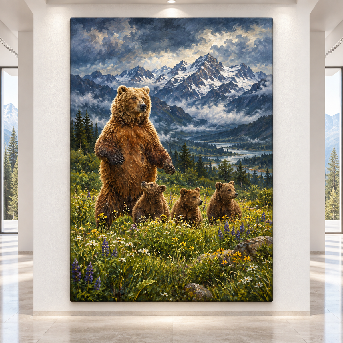 Grizzly Bear Mother & Three Cubs Wrapped Canvas Wall Art – Mountain Wildflower Wildlife Painting