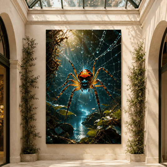 Orange Spider Web Wrapped Canvas Wall Art – Dramatic Rainforest Arachnid Nature Print - ART OF ROYALS