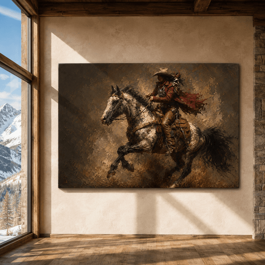 Galloping Cowboy on Appaloosa Horse Wrapped Canvas Wall Art – Rustic Western Oil Painting Print - ART OF ROYALS