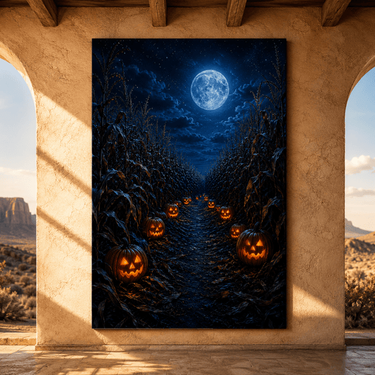 Moonlit Pumpkin Cornfield Wrapped Canvas Wall Art – Halloween Jack-O’-Lantern Farm Path Print - ART OF ROYALS