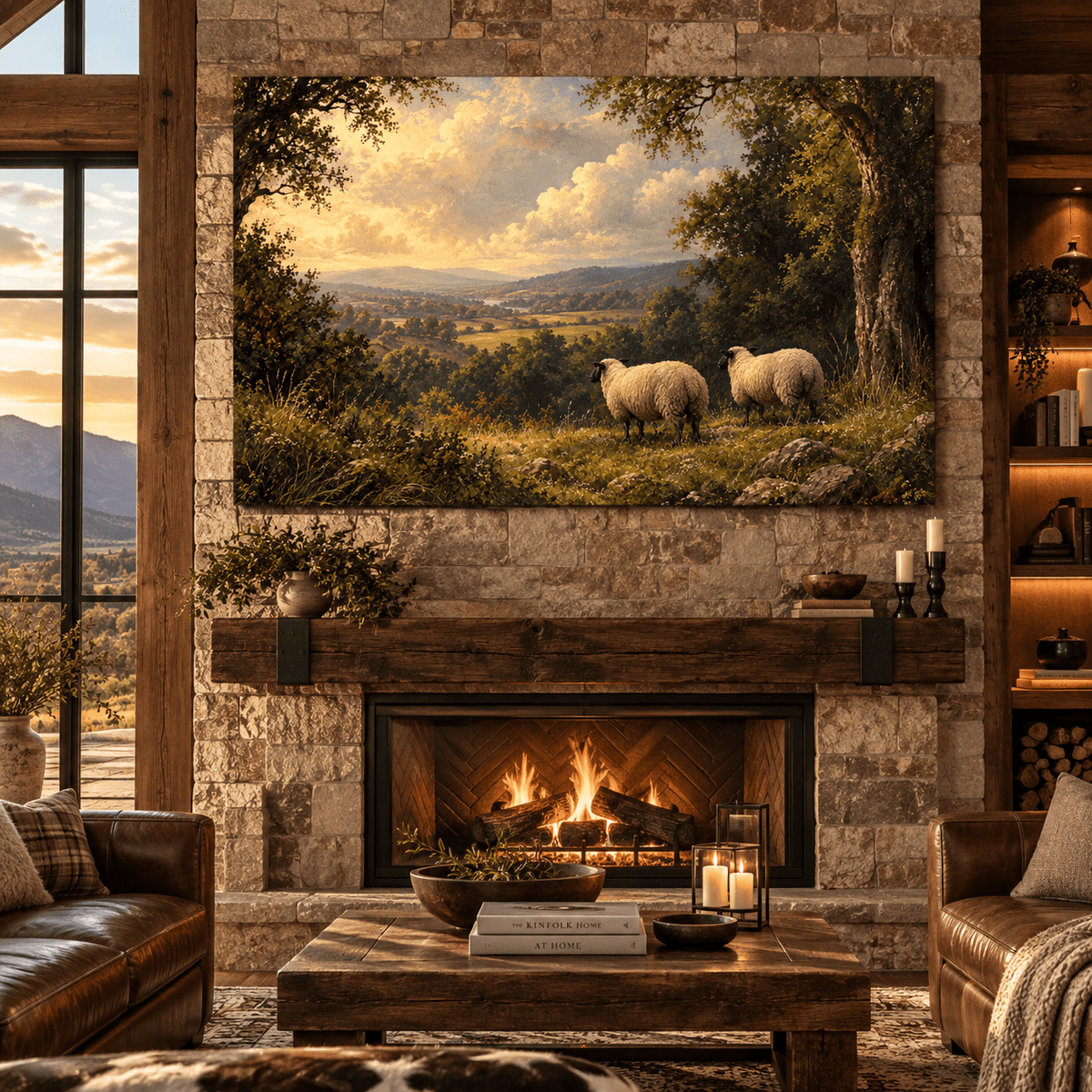 Two Sheep Overlooking Countryside Wrapped Canvas Wall Art – Pastoral Farm Landscape Painting - ART OF ROYALS