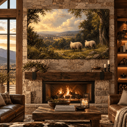 Two Sheep Overlooking Countryside Wrapped Canvas Wall Art – Pastoral Farm Landscape Painting - ART OF ROYALS
