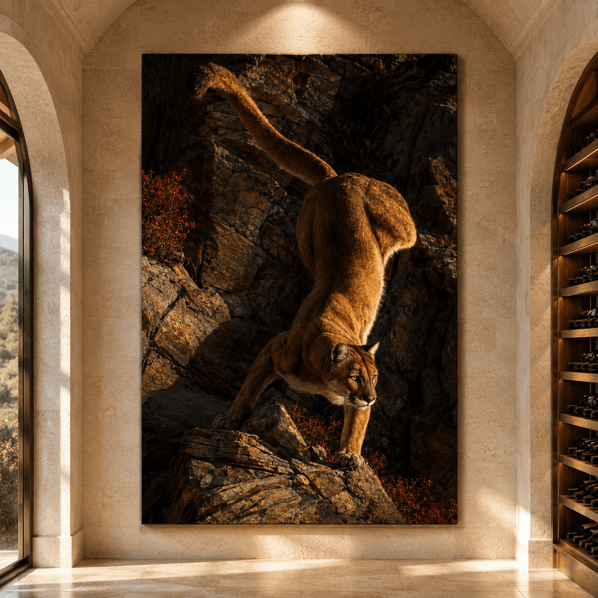 Cougar Descending Rocky Cliff Wrapped Canvas Wall Art – Autumn Wildlife Photography Print - ART OF ROYALS