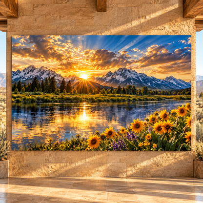 Sunflower River at Golden Sunrise Wrapped Canvas Wall Art – Grand Teton Mountain Landscape Print