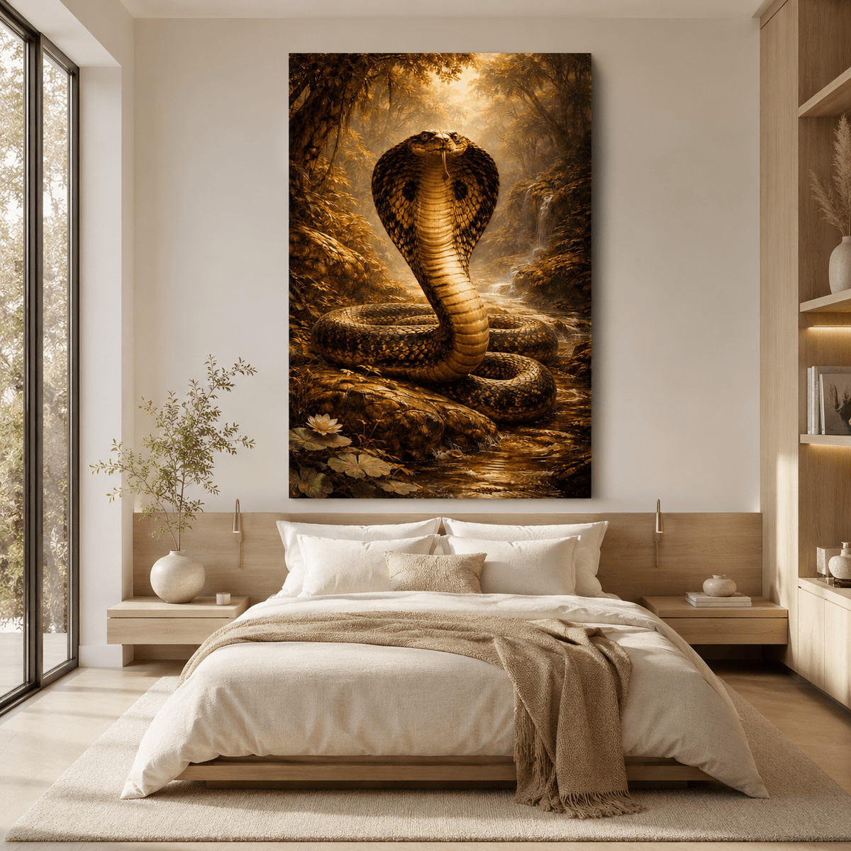 King Cobra in Jungle Stream Wrapped Canvas Wall Art – Mystical Exotic Wildlife Print - ART OF ROYALS