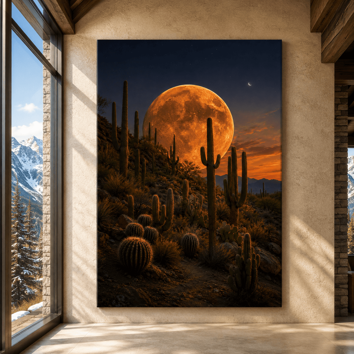 Giant Full Moon Over Desert Cactus Wrapped Canvas Wall Art – Southwest Night Landscape Print - ART OF ROYALS