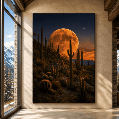 Giant Full Moon Over Desert Cactus Wrapped Canvas Wall Art – Southwest Night Landscape Print - ART OF ROYALS