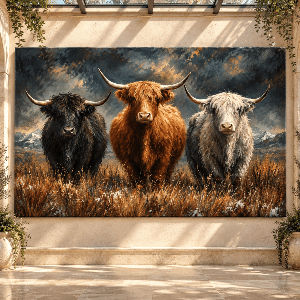 Three Highland Cows Wrapped Canvas Wall Art – Rustic Western Cattle Painting - ART OF ROYALS