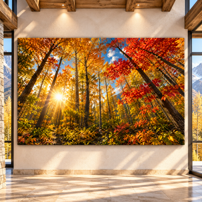Autumn Forest Sunlight Wrapped Canvas Wall Art – Golden Fall Trees Nature Landscape