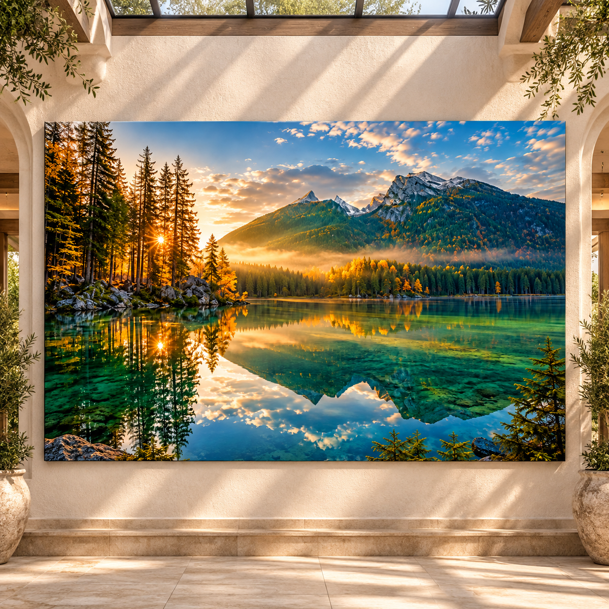 Crystal Clear Mountain Lake at Golden Sunrise Wrapped Canvas Wall Art – Alpine Forest Landscape Print