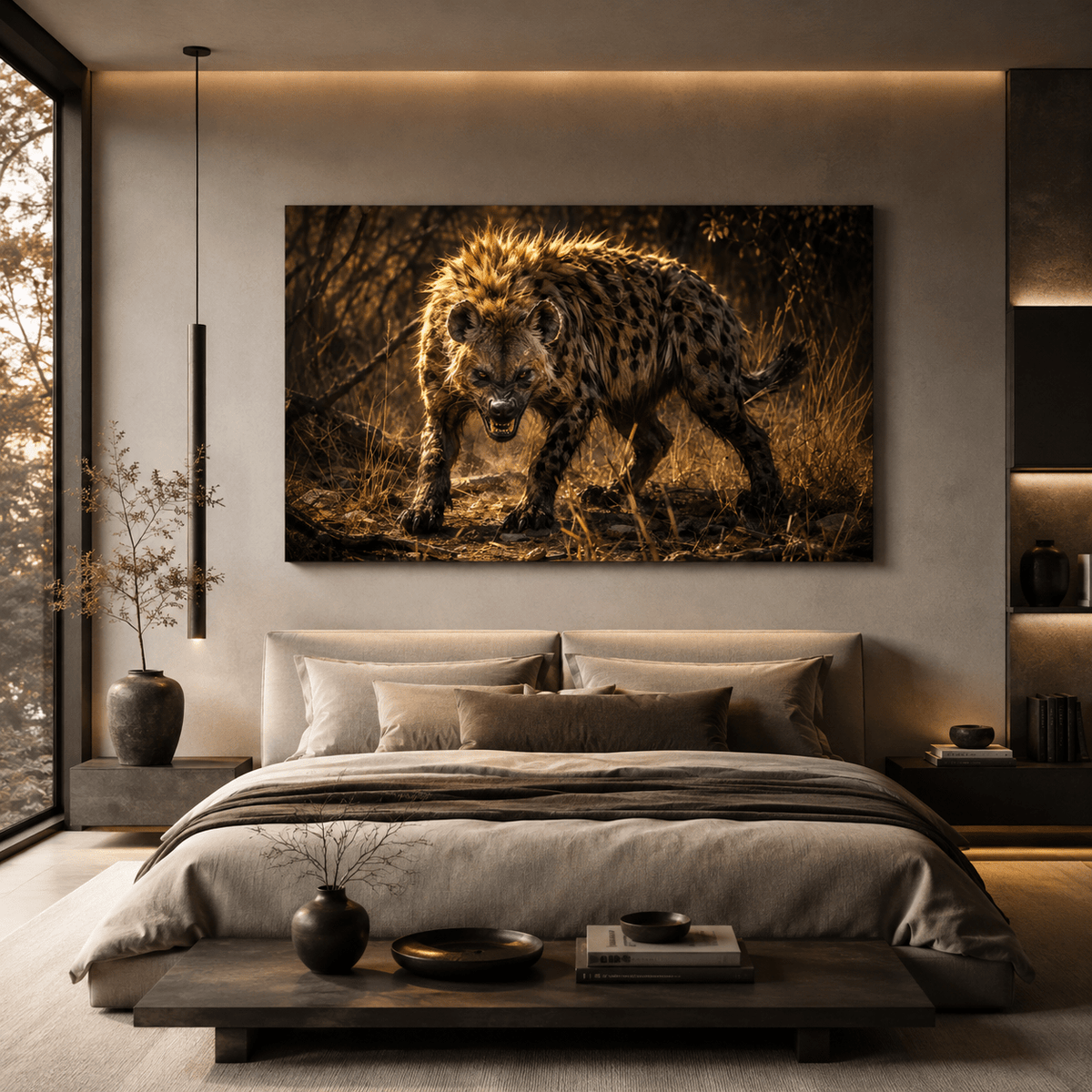 Snarling Hyena in Golden Light Wrapped Canvas Wall Art – Fierce African Wildlife Print - ART OF ROYALS