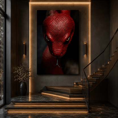 Red Snake Close-Up Wrapped Canvas Wall Art – Crimson Serpent Reptile Portrait - ART OF ROYALS