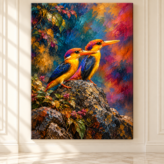 Two Colorful Kingfishers Wrapped Canvas Wall Art – Vibrant Tropical Bird Painting - ART OF ROYALS