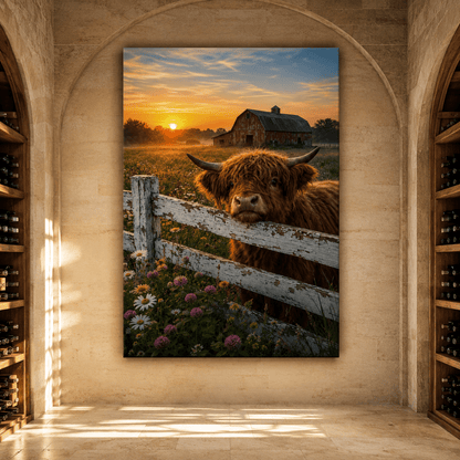 Highland Cow at Sunset Wrapped Canvas Wall Art – Rustic Farmhouse Cattle & Red Barn Print - ART OF ROYALS