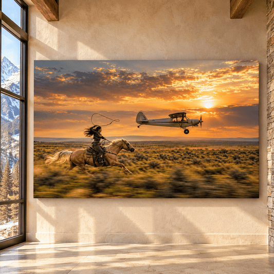 Cowgirl Roping Beside Vintage Airplane Wrapped Canvas Wall Art – Western Horse & Aviation Sunset Print - ART OF ROYALS