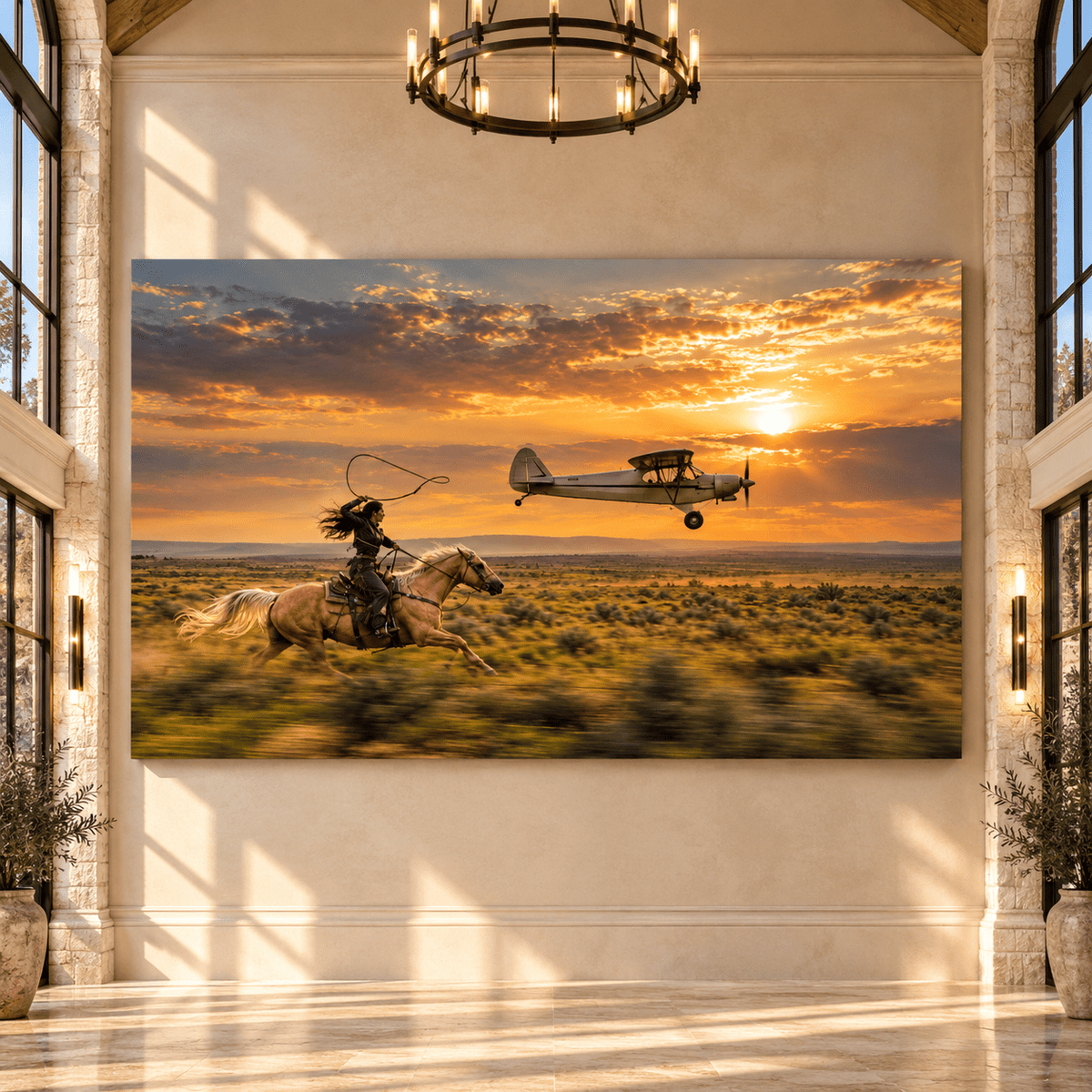 Cowgirl Roping Beside Vintage Airplane Wrapped Canvas Wall Art – Western Horse & Aviation Sunset Print - ART OF ROYALS