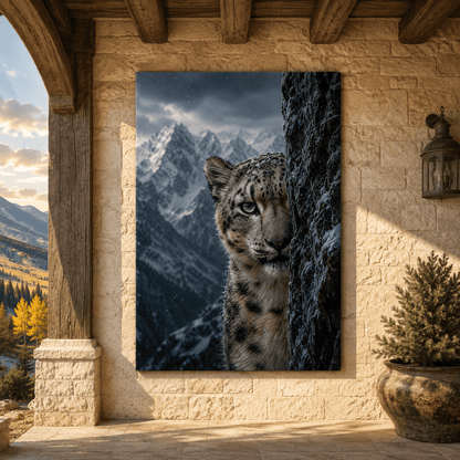 Snow Leopard Peeking from Rocky Cliff Wrapped Canvas Wall Art – Mountain Wildlife Portrait Print - ART OF ROYALS