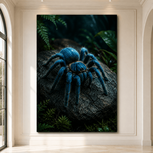 Blue Tarantula on Rainforest Log Wrapped Canvas Wall Art – Exotic Spider Nature Print - ART OF ROYALS