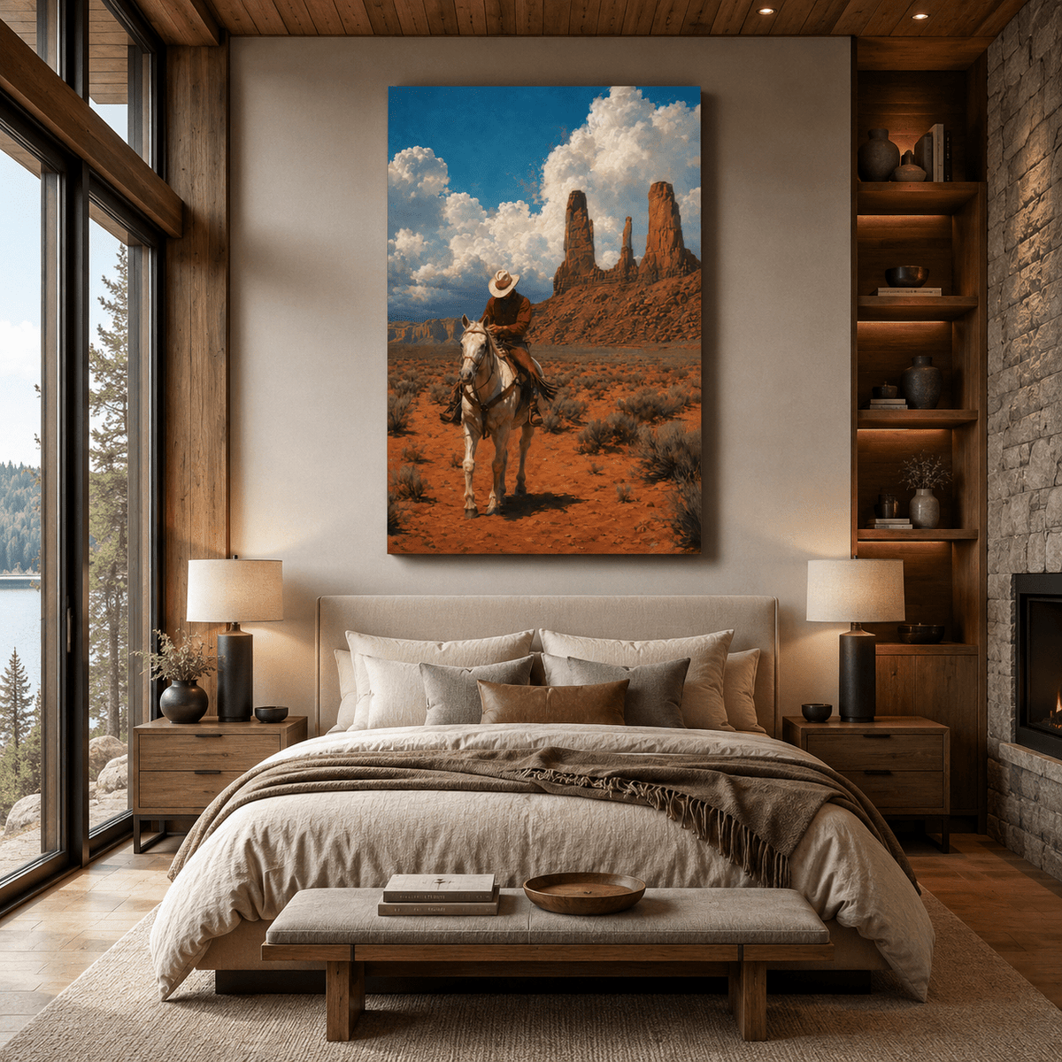 Western Cowboy on White Horse Wrapped Canvas Wall Art – Monument Valley Desert Ranch Painting - ART OF ROYALS