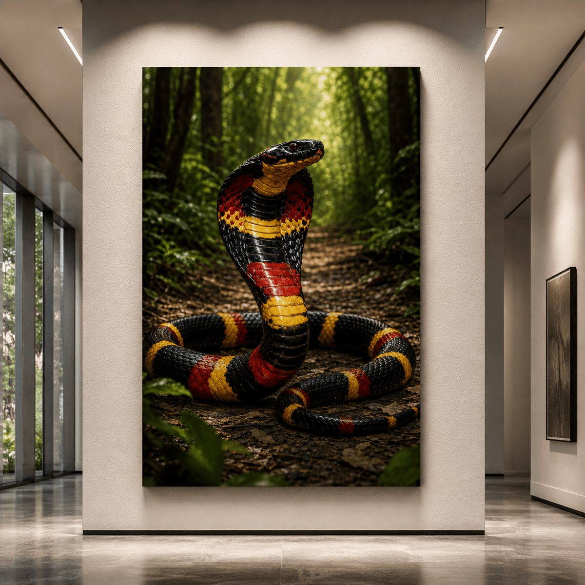Colorful Cobra Snake Wrapped Canvas Wall Art – Red Yellow &amp; Black Jungle Serpent Print - ART OF ROYALS
