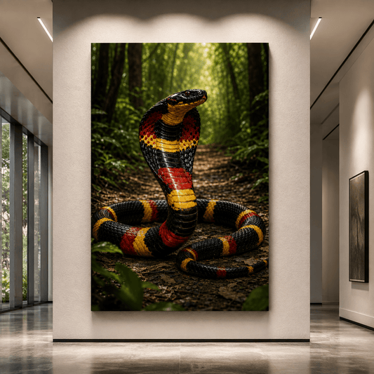 Colorful Cobra Snake Wrapped Canvas Wall Art – Red Yellow &amp; Black Jungle Serpent Print - ART OF ROYALS