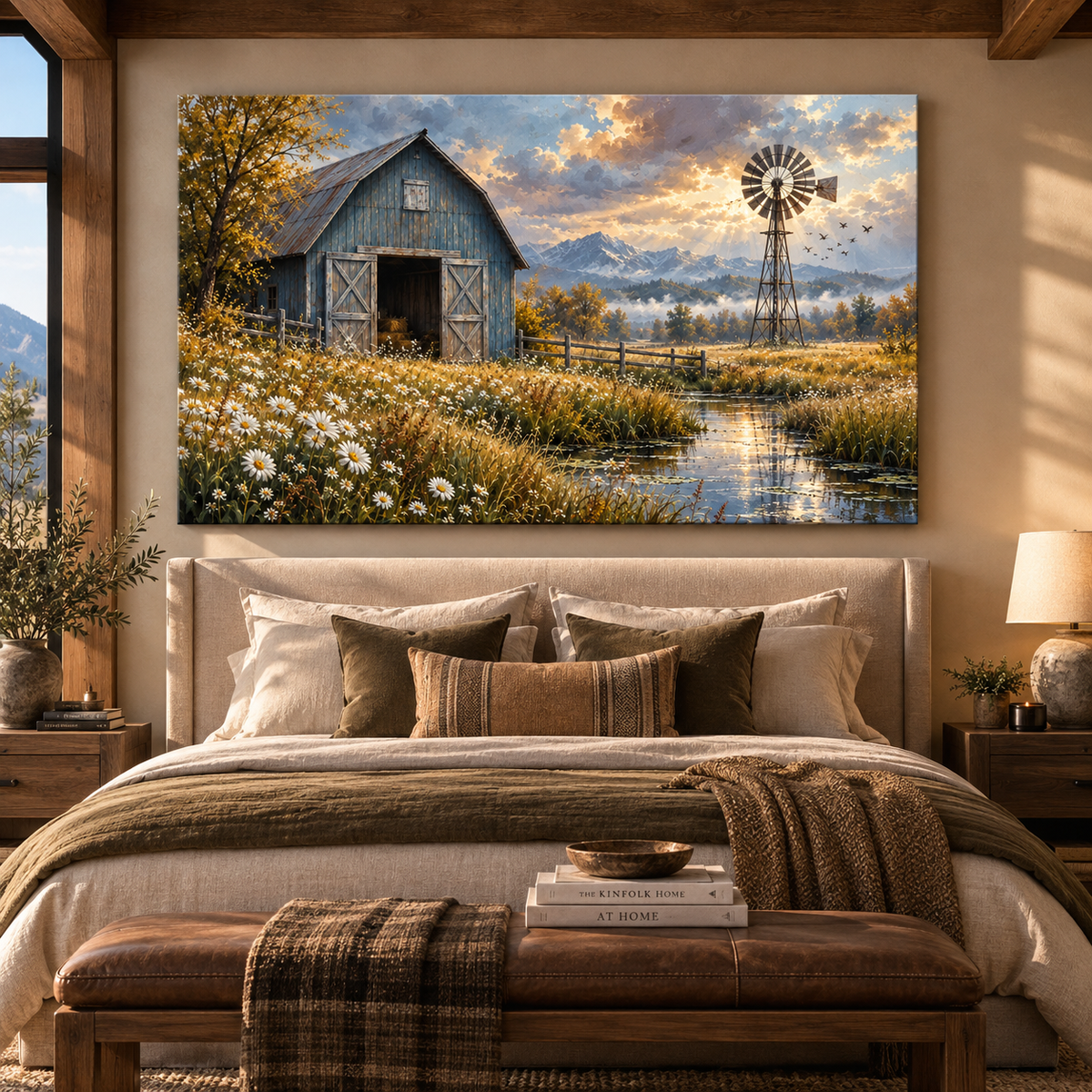 Blue Barn & Windmill Wildflower Meadow Wrapped Canvas Wall Art – Rustic Farmhouse Mountain Landscape
