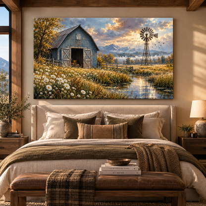 Blue Barn & Windmill Wildflower Meadow Wrapped Canvas Wall Art – Rustic Farmhouse Mountain Landscape