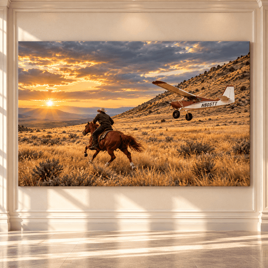Cowboy and Bush Plane Wrapped Canvas Wall Art – Western Horseback Aviation Sunset Print - ART OF ROYALS