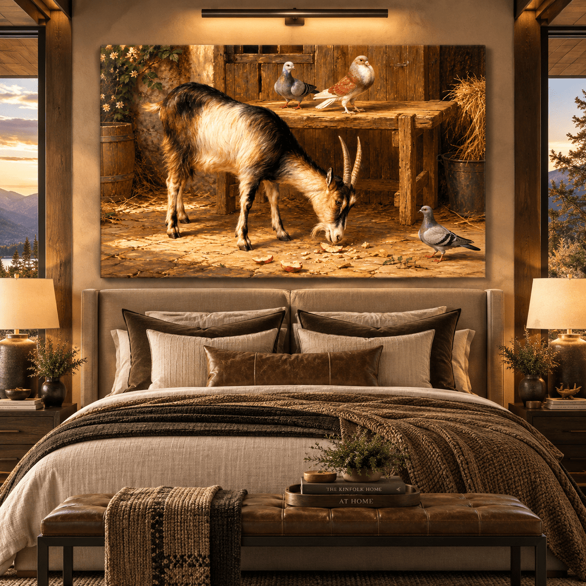Goat & Pigeons in Rustic Barn Wrapped Canvas Wall Art – Farm Animal Country Painting - ART OF ROYALS