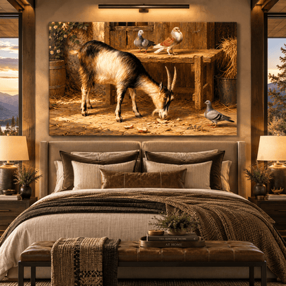 Goat & Pigeons in Rustic Barn Wrapped Canvas Wall Art – Farm Animal Country Painting - ART OF ROYALS