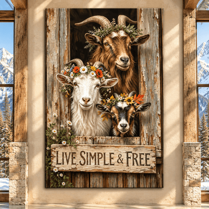 Live Simple & Free Goat Wrapped Canvas Wall Art – Rustic Farmhouse Floral Goat Decor - ART OF ROYALS