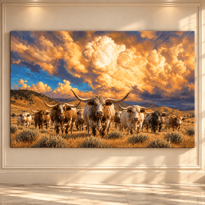Texas Longhorn Cattle Herd Under Golden Storm Clouds Wrapped Canvas Wall Art – Western Ranch Landscape - ART OF ROYALS
