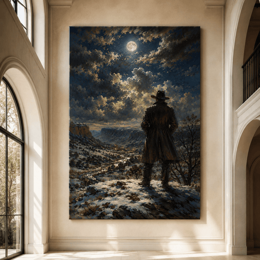 Lone Cowboy Overlooking Snowy Canyon Under Full Moon Wrapped Canvas Wall Art – Western Winter Landscape Print - ART OF ROYALS