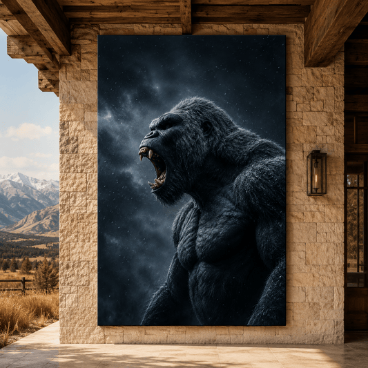 Roaring Silverback Gorilla Wrapped Canvas Wall Art – Powerful Dark Primate Wildlife Portrait - ART OF ROYALS